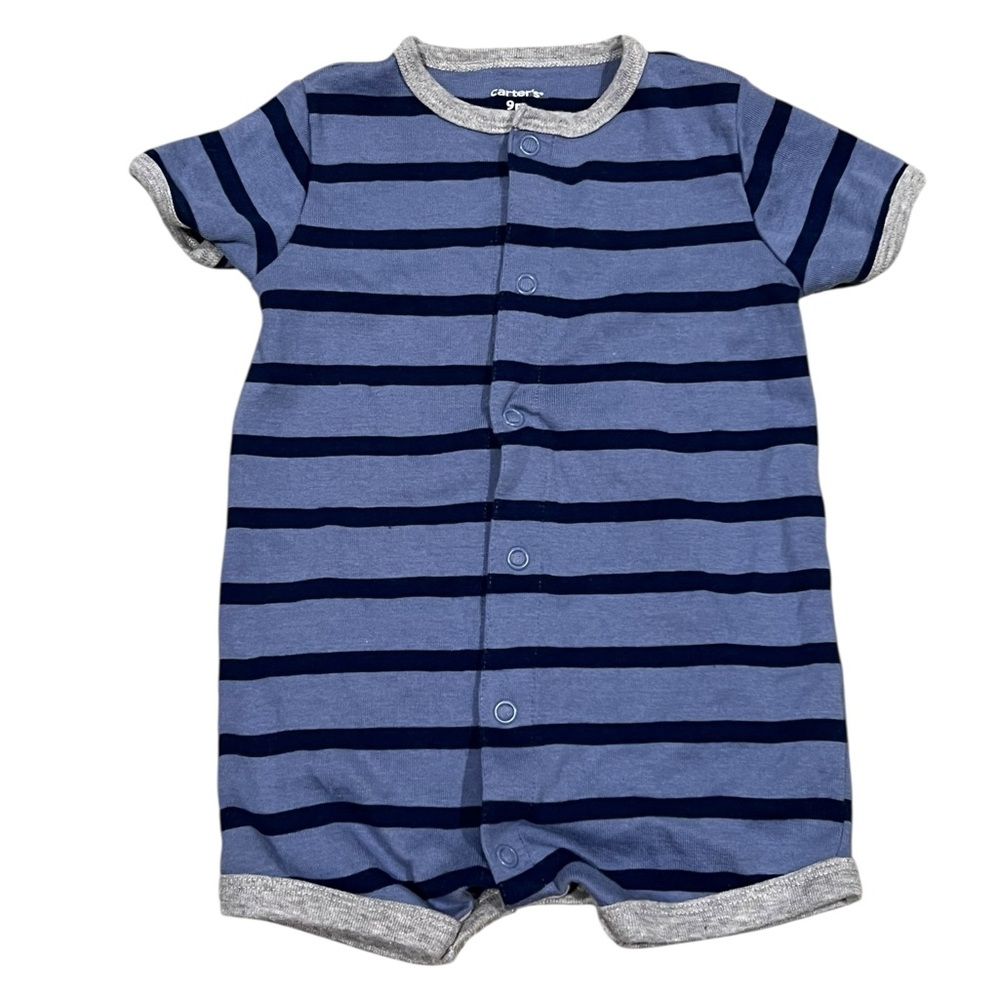 Carter’s Blue & Navy Striped Romper | 9M | Short Sleeve One-Piece